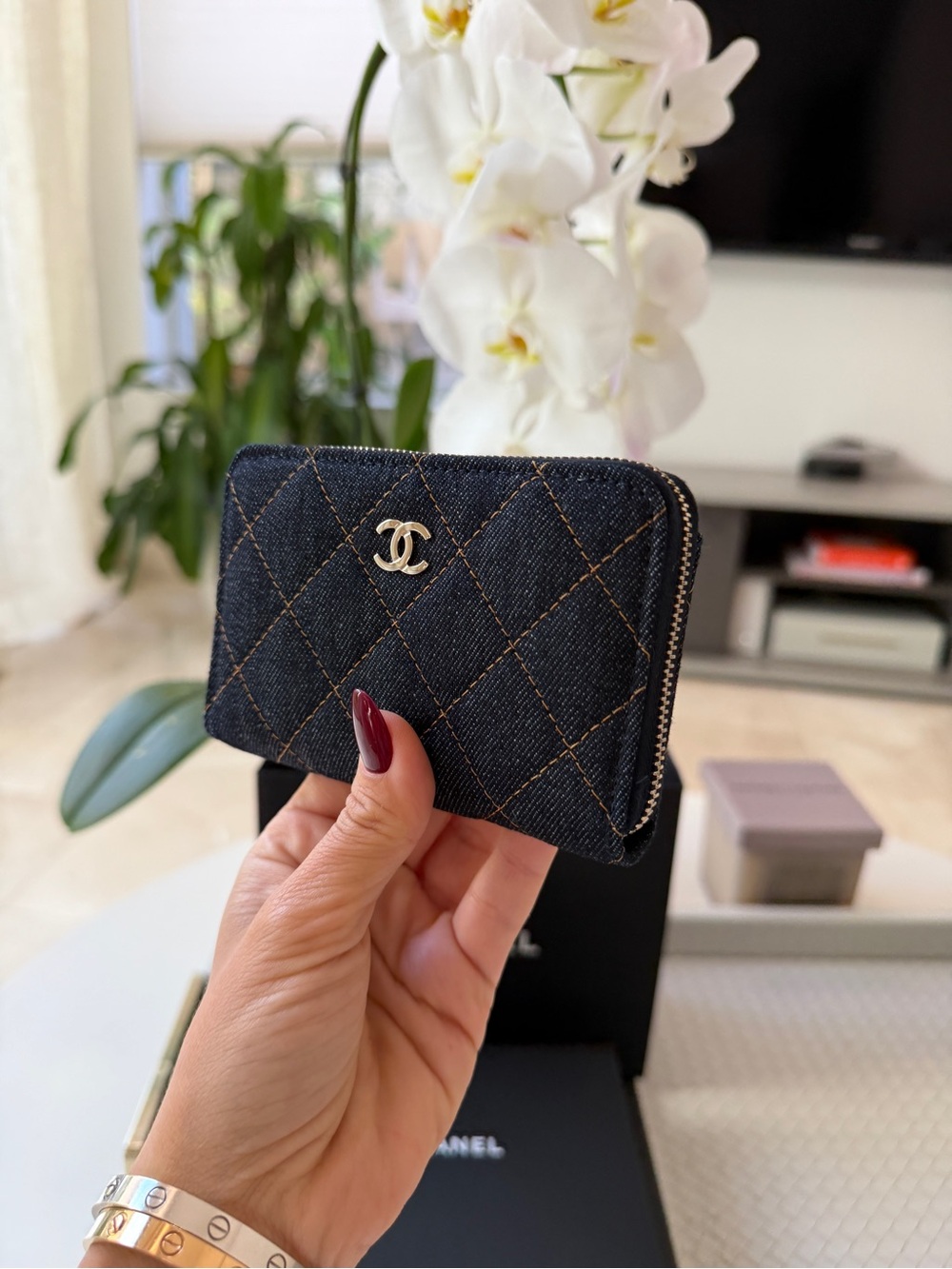 Chanel 26P Classic Zipped Zip Coin Purse Denim Dark Blue Orange mJean Wallet NWT - Picture 10 of 17